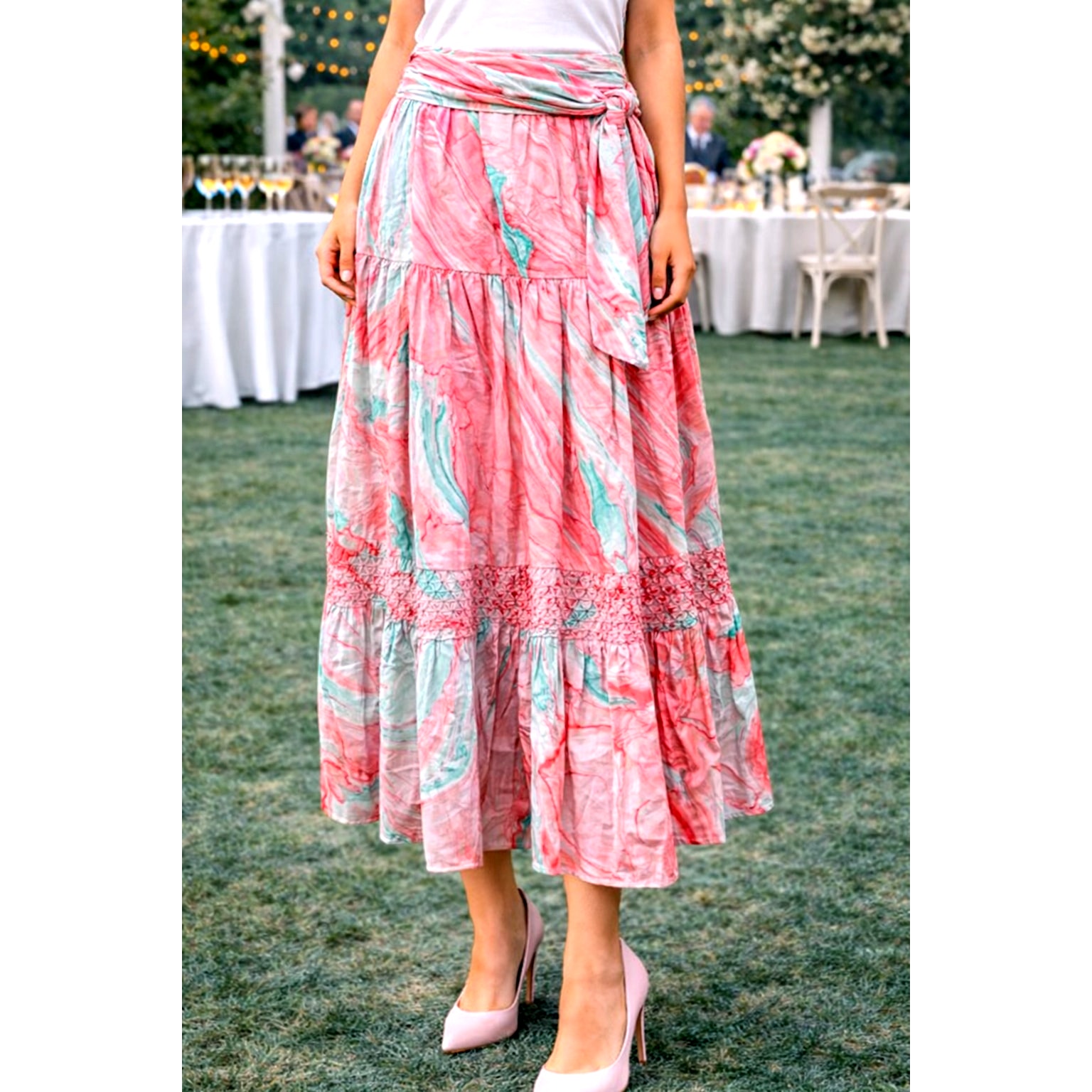 St Roche Selma Midi Skirt Pink Marbled Size M
